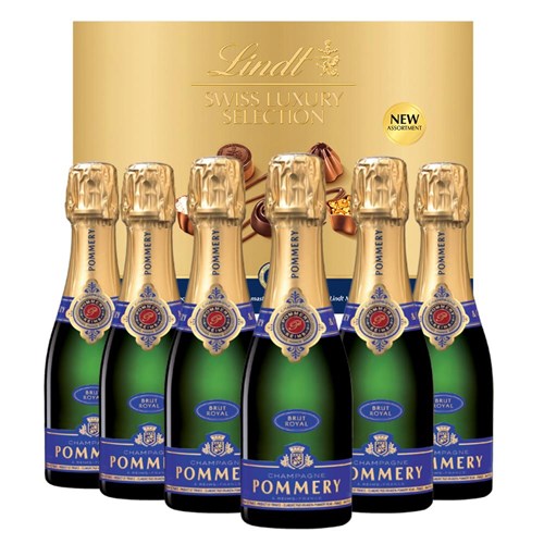 Mini Pommery Brut Royal Champagne 18.7cl Case of 6 with Lindt Swiss Tradition Chocolates 193g